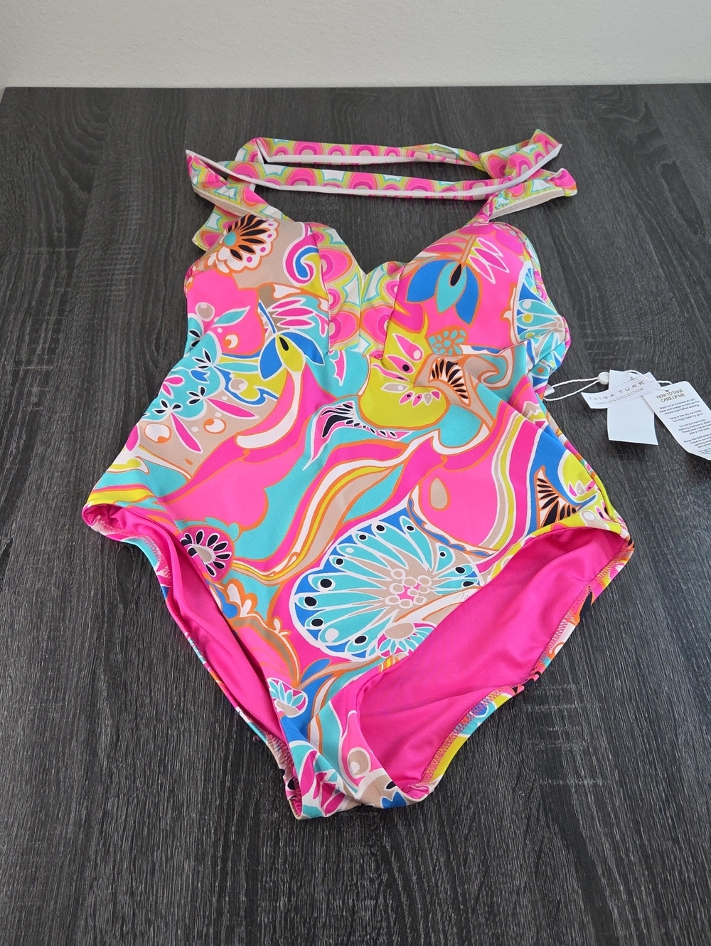 TRINA TURK Swim+Spa COLLECTION Swimsuit  Bright Pink Multi-Color HALTER NWT $172